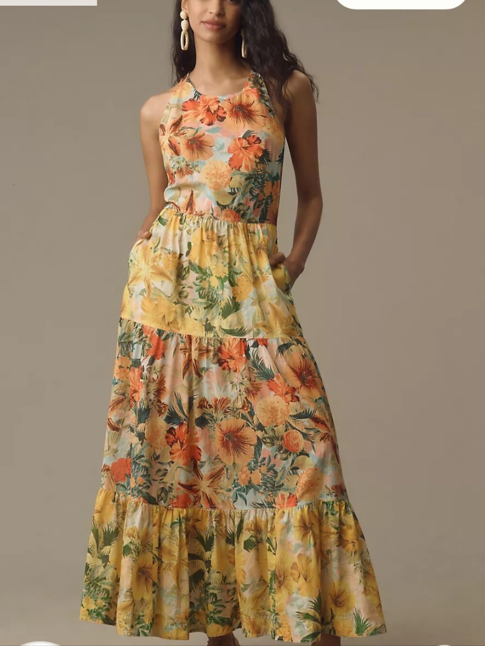Pilcro Floral Tiered Maxi Dress in Orange and Yellow
